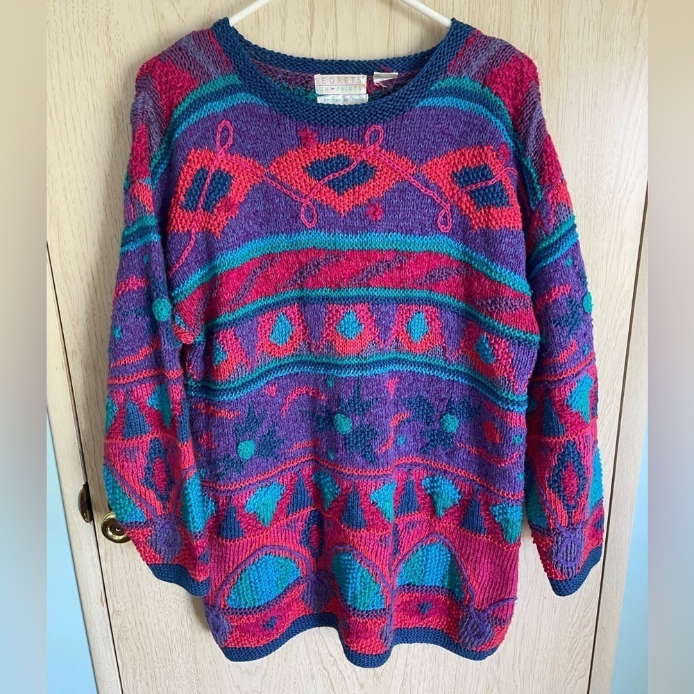Segrets Sun Prints Hand Knit Cotton Ramie Blend Art to Wear Abstract Sweater M